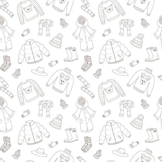 Vector seamless pattern with autumn warm outerwear. black white vector with linear outline doodle elements