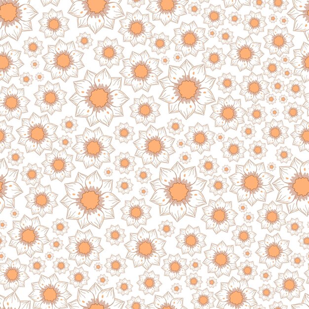 Seamless pattern with autumn white lined flowers in warm colors isolated on white background in flat cartoon style