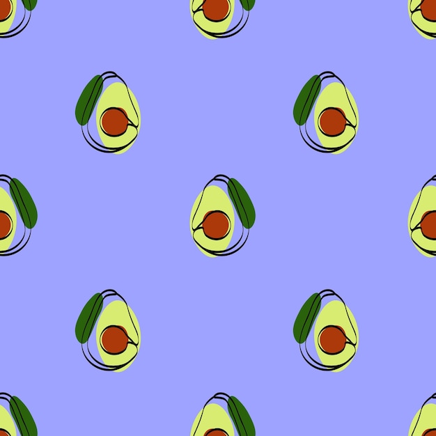 Seamless pattern with avocado on blue background continuous one line drawing avocado black line art on blue background with colorful spots vegan concept