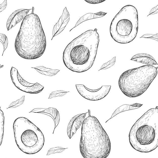Бесшовные с авокадо. рисованной иллюстрацией преобразуется в