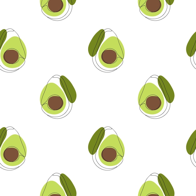 Seamless pattern with avocado on white background Continuous one line drawing avocado Black line art on white background with colorful spots Vegan concept