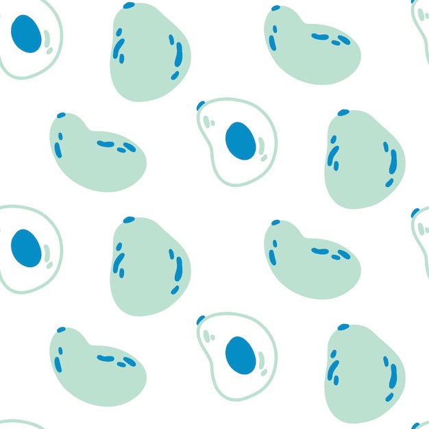 Seamless pattern with avocados in green and blue colors on a white background in flat and line style