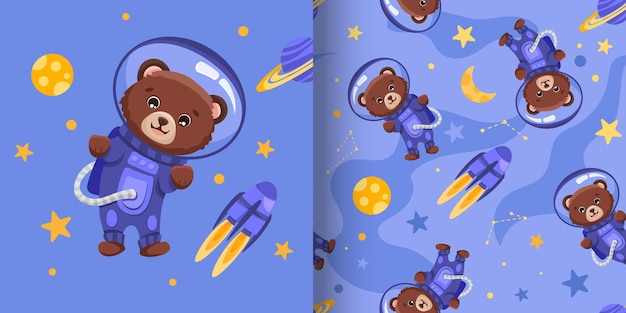 Seamless pattern with Baby Bear astronaut in the open space on blue background