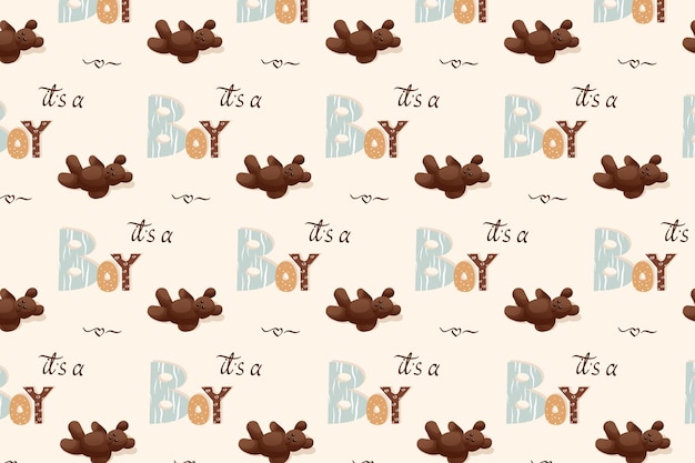 A seamless pattern with a baby boy and teddy bear on a beige background vector illustration