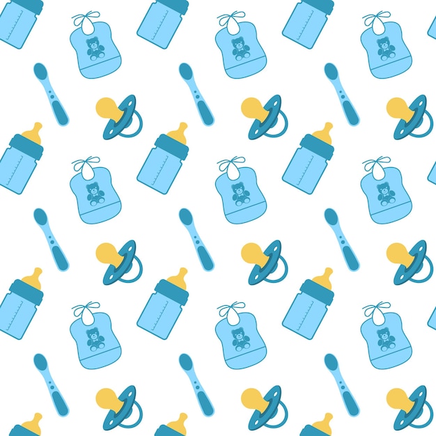 seamless pattern with baby feeding items vector illustration dummy feeding bottle bib spoon pacifier seamless texture with a set feeding