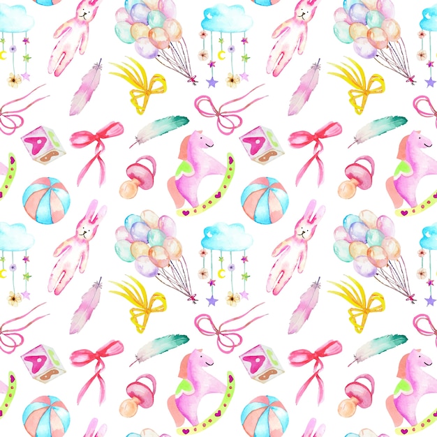 Seamless pattern with baby girl shower watercolor elements