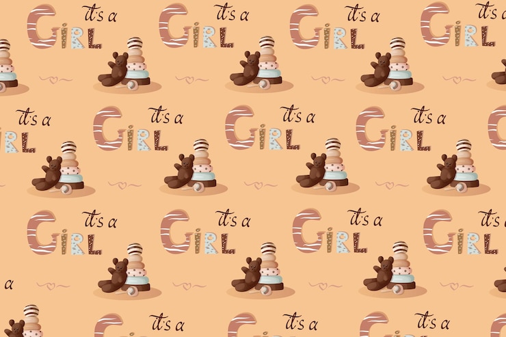 Vector a seamless pattern with a baby girl teddy bear stacking pyramide and rattle on a beige background
