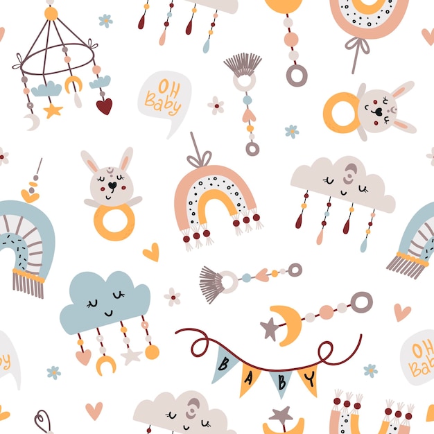 Seamless pattern with baby mobiles and toys