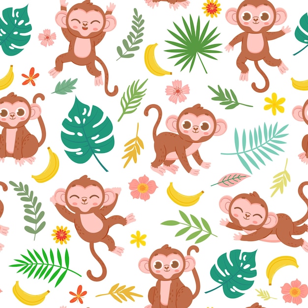 seamless pattern with baby monkey, banana and tropical leaves. cartoon childish jungle animal print for fabric. cute monkeys vector texture. illustration of seamless pattern jungle with monkeys