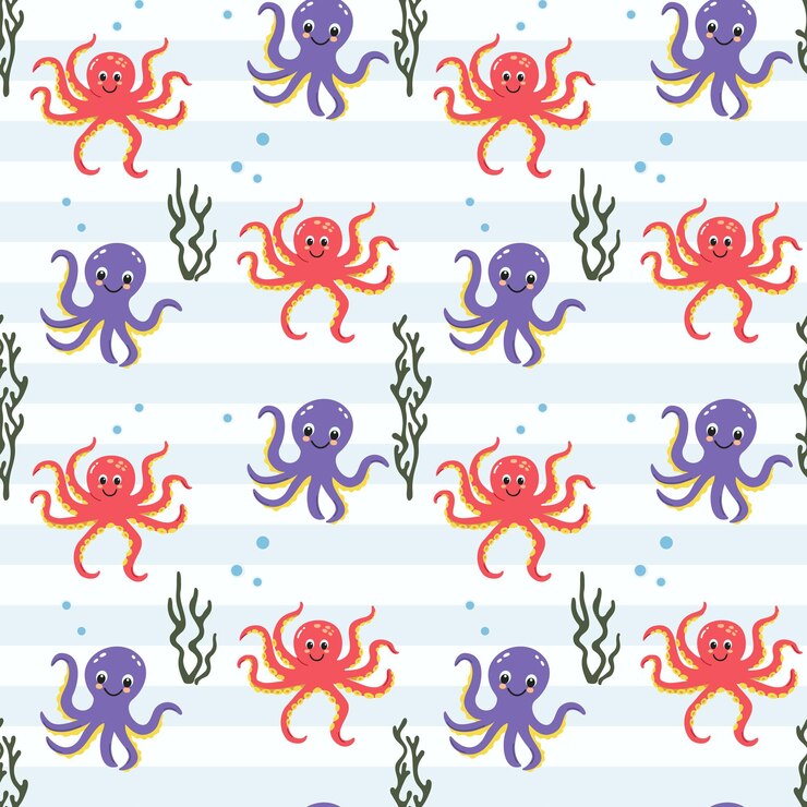 Vector seamless pattern with baby octopus cute marine animals colorful background with underwater character