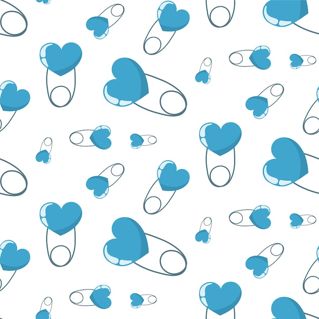 Vector seamless pattern with baby plastic pins background with sewing accessories in the shape of a heart