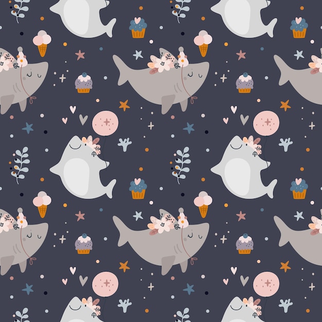 Seamless pattern with baby shark, sea animals. baby shower or happy birthday pattern