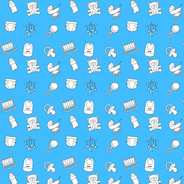 Seamless pattern with baby stuff cartoon white icons perfect pattern for baby boy premium vector