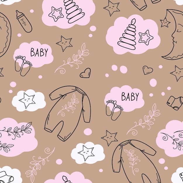 Seamless pattern with baby toys moon stars Doodle sketch style