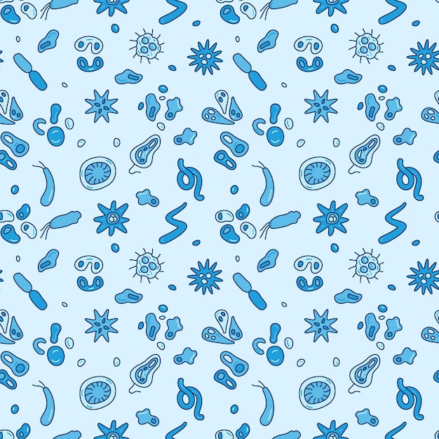 Вектор Бесшовный рисунок с концепцией бактерий и биологических организмов синие символы вектор повторяемый фон