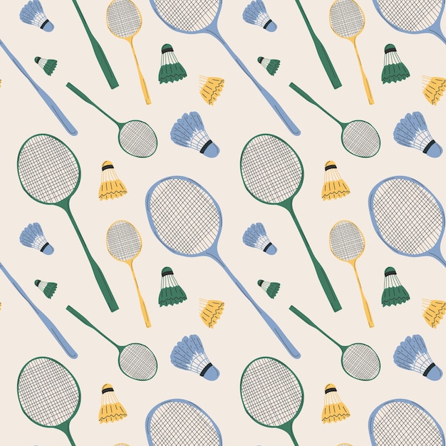 Seamless pattern  with Badminton racket and  shuttlecocks on white background.