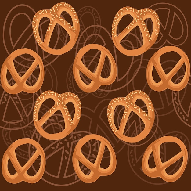 Seamless pattern with bakery pretzel products for bakery shop cartoon food flat vector illustration on brown background
