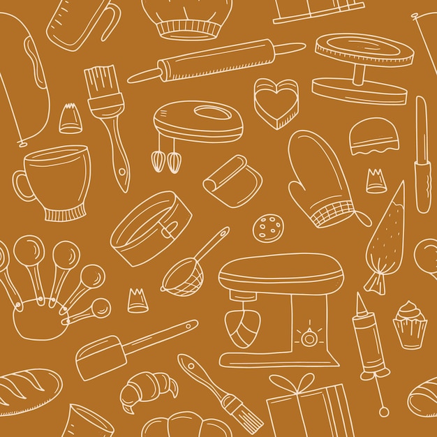 Seamless pattern with baking accessories Vector illustration in doodle style on a brown background