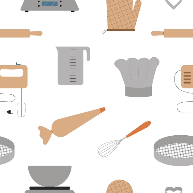 Вектор Бесшовный узор с инструментами для выпечки. оборудование для приготовления пищи. плоский стиль. векторная иллюстрация