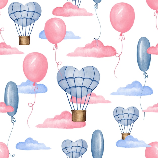 Seamless pattern with balloons and gentle clouds in pink and blue