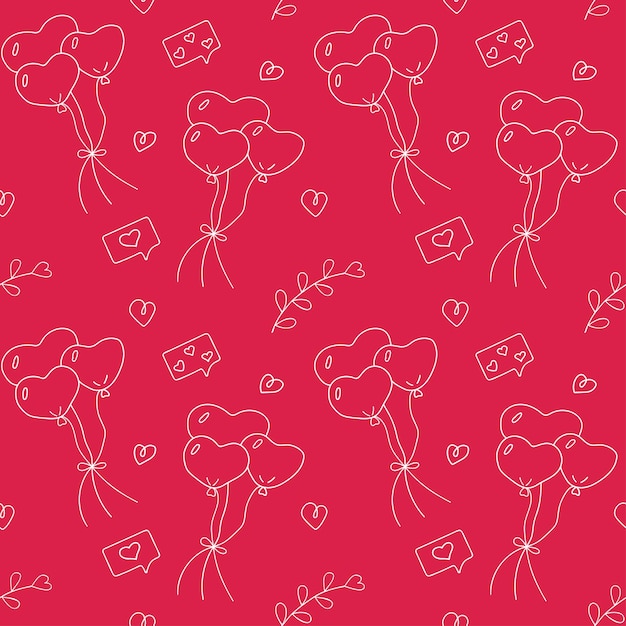 Seamless pattern with balloons, love SMS message, hearts. Seamless vector pattern in doodle style.