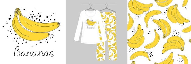 白い背景の上のバナナとのシームレスなパターンかわいい女性のパジャマ手描き