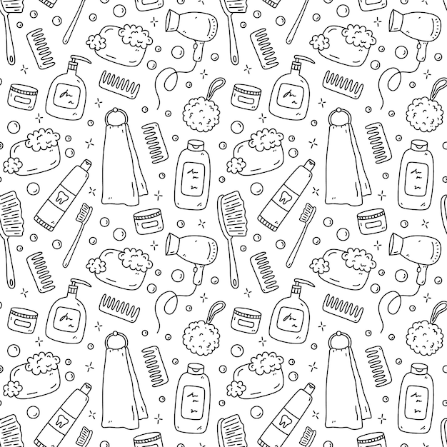 Seamless pattern with bath accessories - towels, shampoo