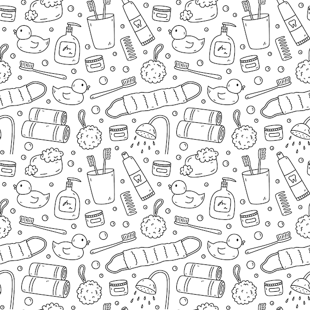 Seamless pattern with bath accessories towels shampoo washcloths rubber duck soap cream toothbrush