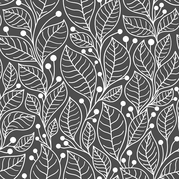 seamless pattern with bay leaves on branches on a gray background in vector
