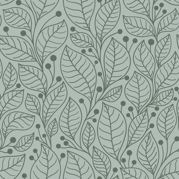 Seamless pattern with bay leaves on branches on a green background in vector