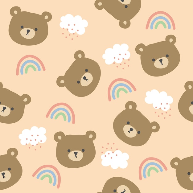 Seamless pattern with a bear face and clouds.