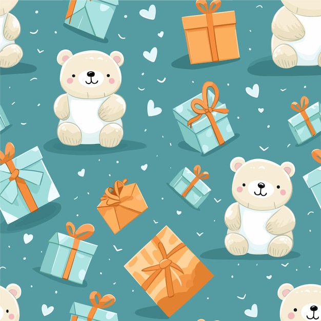 Seamless pattern with a bear and gift boxes.