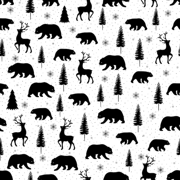 Seamless pattern with bears reindeers snowflakes and trees Winter seamless pattern