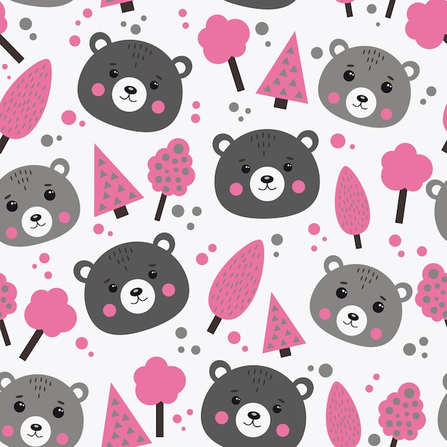 Seamless pattern with bears and trees in pink and gray Cute bear in the forest