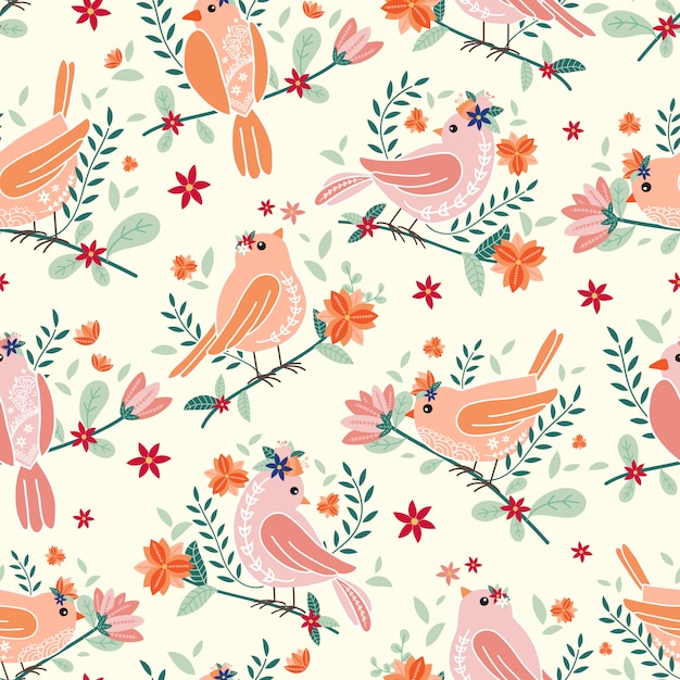 Seamless pattern with beautiful birds and flowers