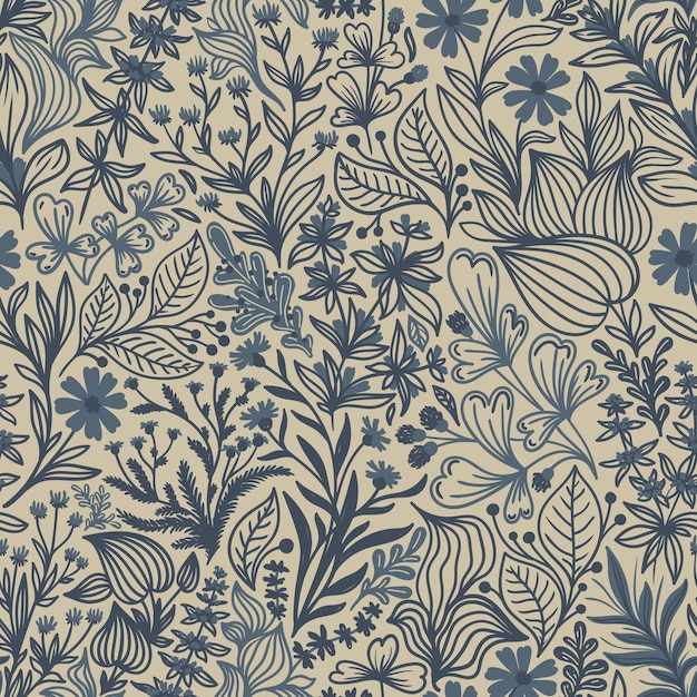 ベクトルのベージュの背景に美しい青い野花や植物とのシームレスなパターン