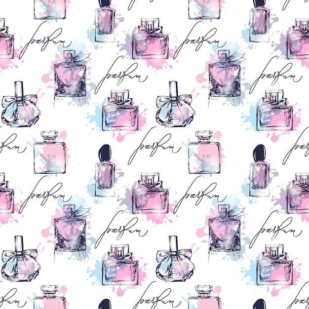 Vector seamless pattern with beautiful bottles of perfume. womens perfume. vector watercolor.