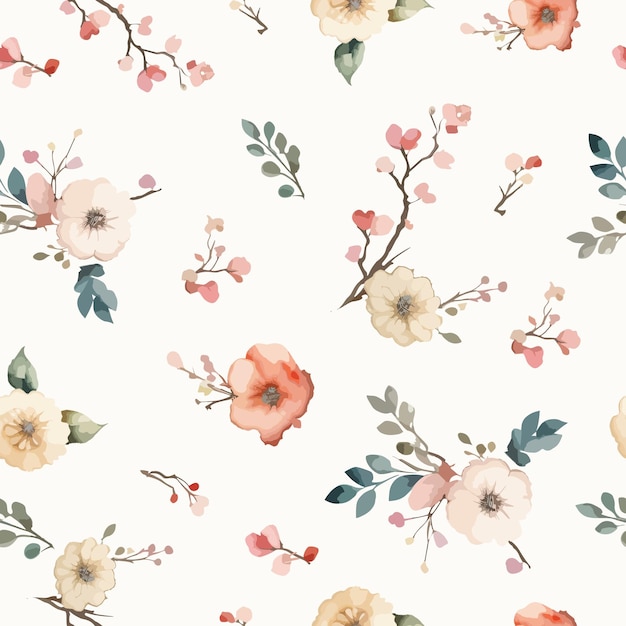 Seamless pattern with beautiful watercolor flowers and plants on white isolated background