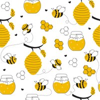 seamless pattern with bee cartoons and bee hollow honeycomb on white background vector illustration