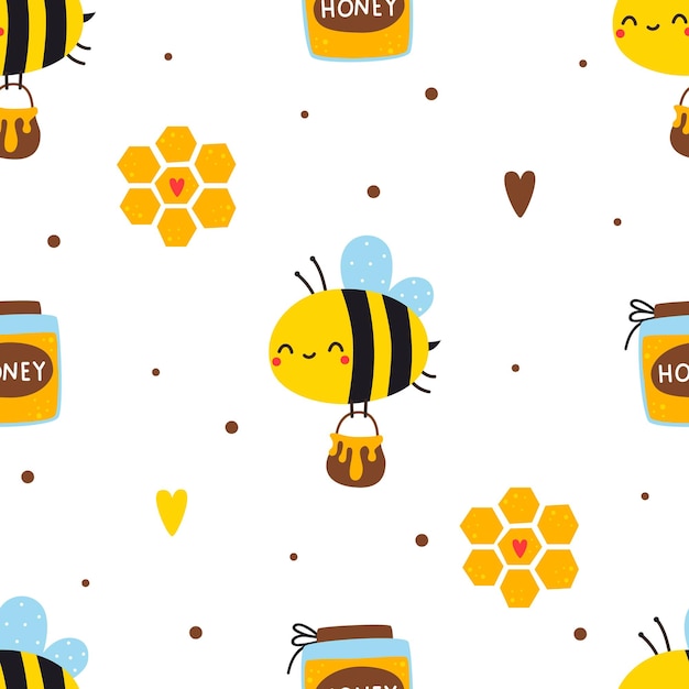 Seamless pattern with a bee a jar of honey honeycombs and hearts Vector illustration