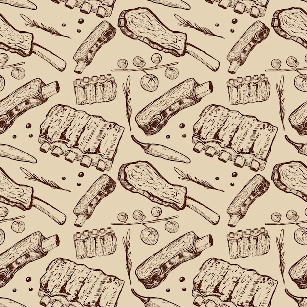 Vector seamless pattern with beef ribs. butchery.  element for poster, wrapping paper.  illustration