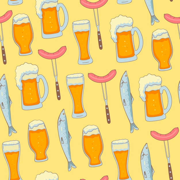 Seamless pattern with beer glasses fish and sausages Vector image