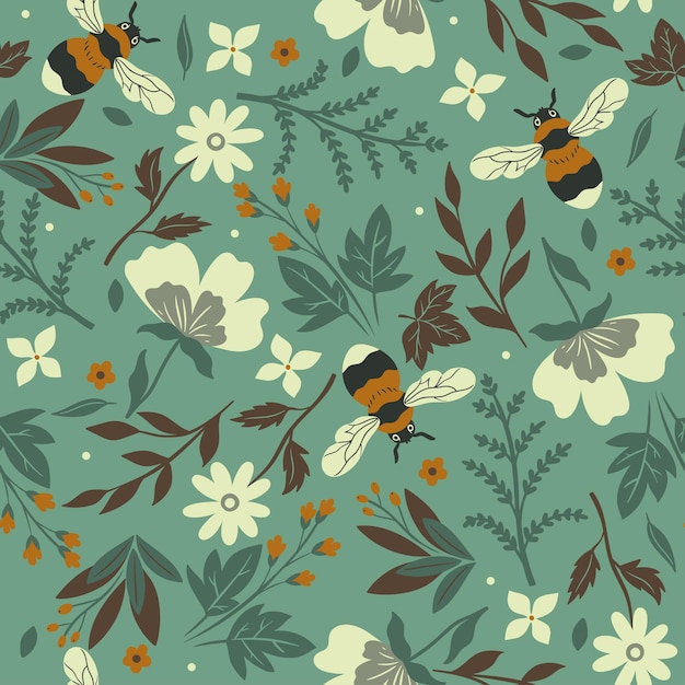 Seamless pattern with bees flowers and leaves