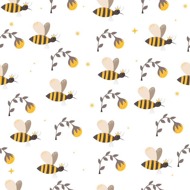 Seamless pattern with bees in scandinavian style. hand drawing