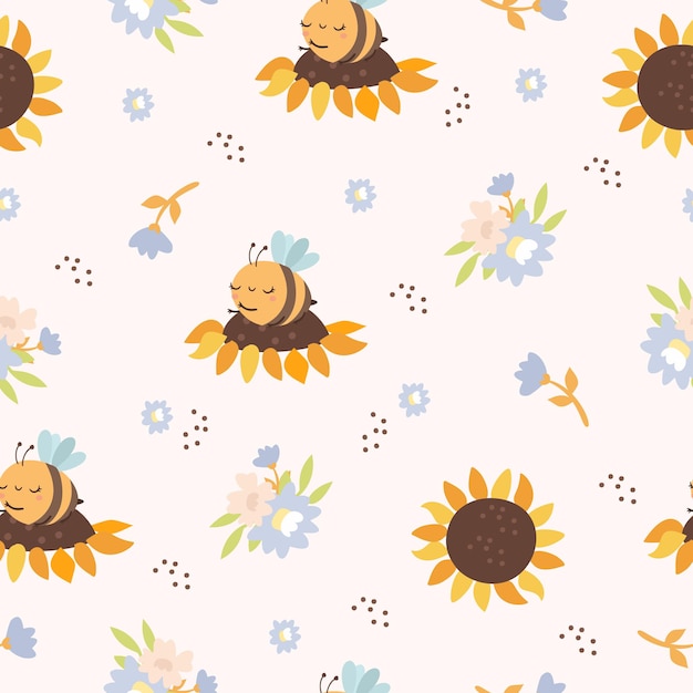 seamless pattern with bees and sunflowers