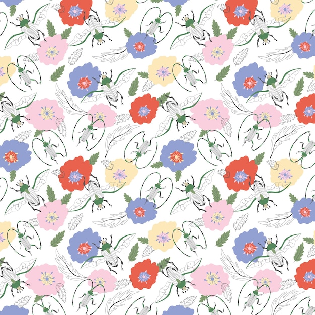 Seamless pattern with beetles and abstract flowers Vector illustration