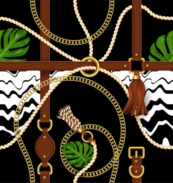 Seamless pattern with belts, chain and exotic leaves for fabric design.