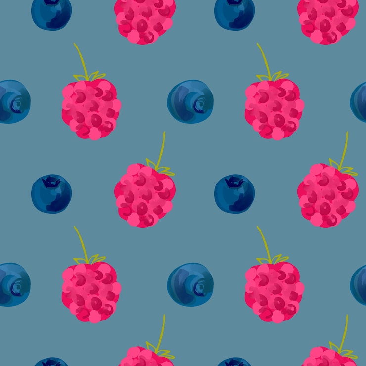 Vector seamless pattern with berry illustration of raspberries and blueberries on a blue background