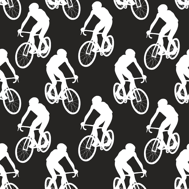 Seamless pattern with bicyclists on a black background