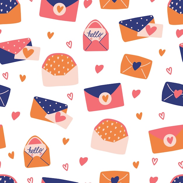 Seamless pattern with big collection of love letters and symbols for Happy Valentines day. Colorful flat illustration.